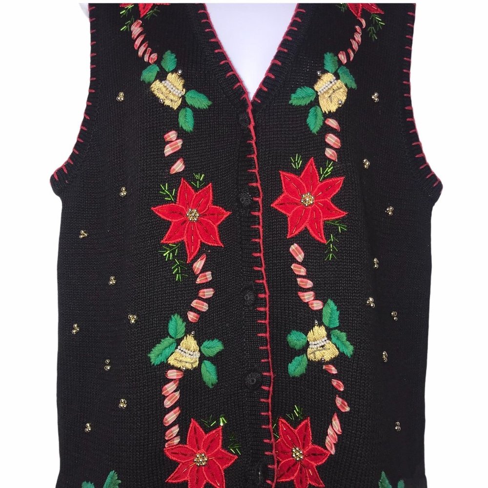Vintage Ship N’ Shore Poinsettia Ugly Christmas Holiday Cardigan Sweater Vest L - Picture 3 of 9